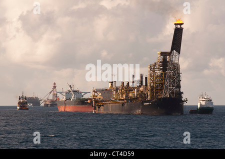 Bohrinsel FPSO P35 von brasilianische Ölgesellschaft Petrobras mit Tankschiff verbunden, während Öl übertragen. Campos-Becken. Stockfoto