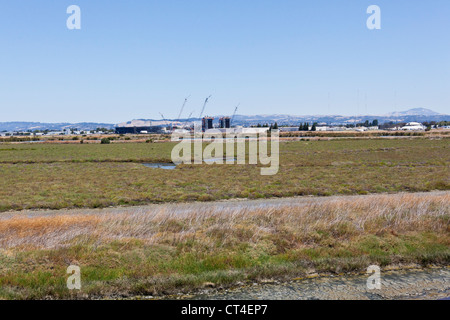 Ein Erdgas befeuerte Kraftwerk befindet sich im Aufbau, in der Nähe von Sümpfen und Feuchtgebieten entlang der San Francisco Bay. Stockfoto