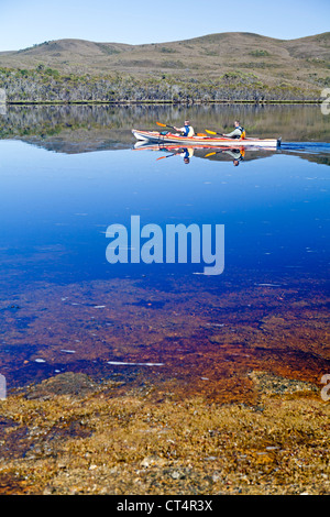 Kajakfahren auf Wald-Lagune in der Nähe von Melaleuca Tasmaniens-Southwest-Nationalpark Stockfoto