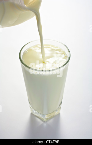 Volles Glas Milch aus modernen Kunststoff Milchflasche gegossen wird. Stockfoto