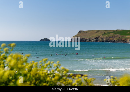 Surfer im Meer warten auf eine Welle an Polzeath Bucht an einem sonnigen Sommertag in Cornwall zu fangen Stockfoto