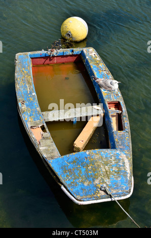 Alte kleine Boot durch das Wasser im Inneren und eine Möwe liegen, gesehen von oben, an der Küste der Bretagne in Frankreich Stockfoto