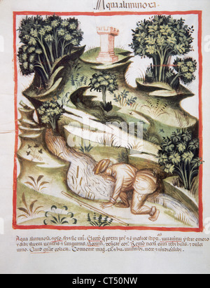 Tacuinum Sanitatis. 14. Jahrhundert. Mittelalterliche Handbuch der Gesundheit. Ein Mann trinkt Wasser aus einem Fluss. Folio 90v. Stockfoto