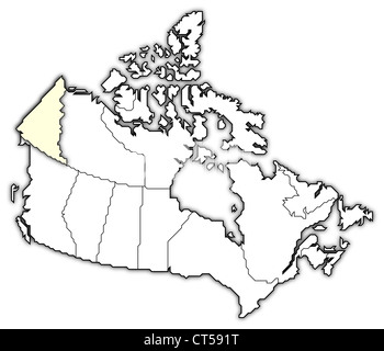 Politische Karte von Kanada mit den verschiedenen Provinzen, wo Yukon markiert ist. Stockfoto