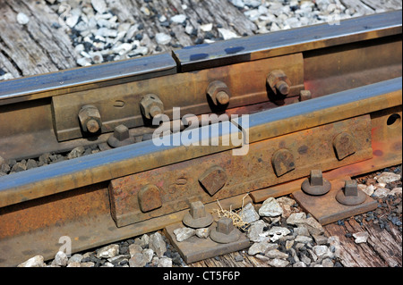 Gegliederten Eisenbahnschienen auf Holzschwellen auf dem Betriebshof des Chemin De Fer À Vapeur des Trois Vallées in Mariembourg, Belgien Stockfoto