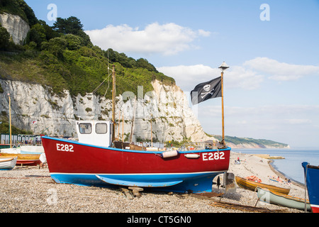 Angelboot/Fischerboot auf dem Kiesstrand in Sidmouth, Devon, England, UK mit Jolly Roger (Piratenflagge) mit Kreidefelsen im Hintergrund Stockfoto