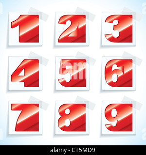 Sammlung von neun rote Zahlen auf weißem Papier Stichwörter mit Schlagschatten Stockfoto
