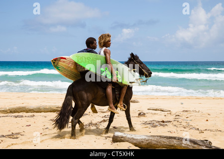 Paar der Surfer auf einem Pferd im Assistenten Strand (erste) auf Isla Bastimentos, Bocas del Toro, Panama. Stockfoto