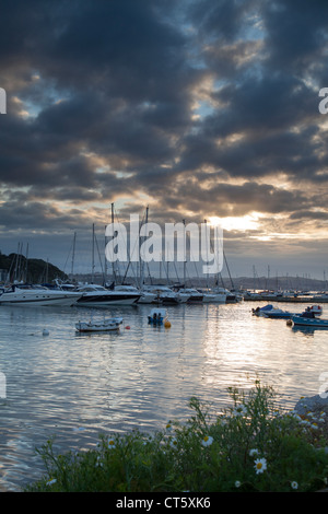 Segelboote vor Anker im äußeren Hafen von Brixham, Devon, gegen die untergehende Sonne geschossen. Stockfoto