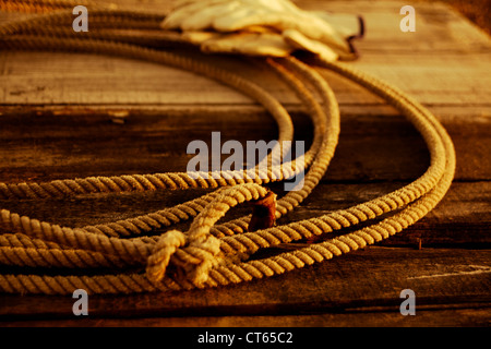 Ein western Cowboy Seil (Lasso) Verlegung auf einem alten verwitterten Zaun mit Lederhandschuhen im Hintergrund. Stockfoto