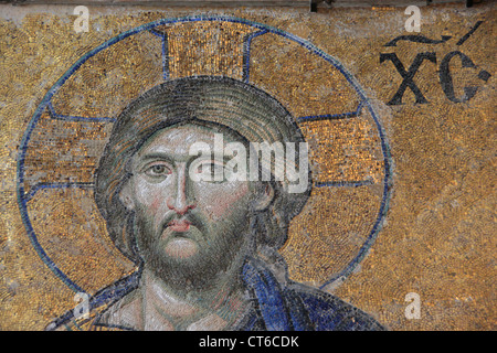 Nahaufnahme des Christus Pantokrator, Deesis Mosaik, Hagia Sophia, Sultanahmet, Istanbul, Türkei Stockfoto