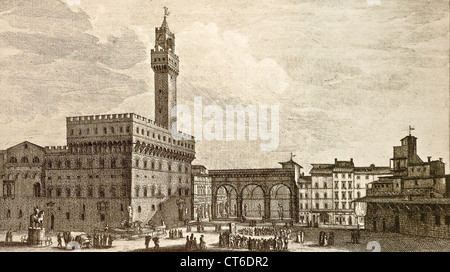 Piazza della Signoria in Florenz, eine Gravur des 19. Jahrhunderts Stockfoto