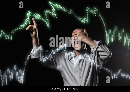 Angst, Händler mit geschlossenen Augen auf Börse Diagramme zeigen. Stockfoto