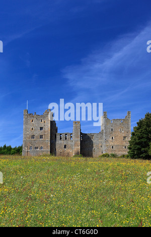 Blick über die Blumenwiese, Schloss Bolton Castle; Wensleydale; Yorkshire Dales National Park, England, Vereinigtes Königreich Stockfoto