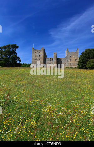 Blick über die Blumenwiese, Schloss Bolton Castle; Wensleydale; Yorkshire Dales National Park, England, Vereinigtes Königreich Stockfoto