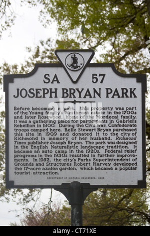 Joseph Bryan Park historische Seite Marker Betriebsnummer SA 57 in der Stadt von Richmond, Virginia. Stockfoto