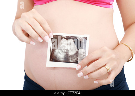 Schwangere Frau Bauch und Ultraschall auf weißem Hintergrund. Stockfoto