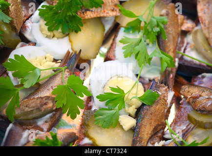 Russische Vorspeise Hintergrund. Leckere Sandwiches mit Sprotten. Stockfoto