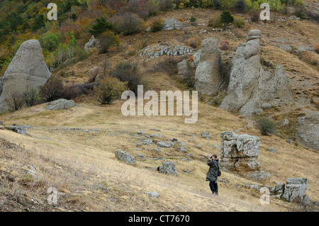 Fotografen unter Bild des Tschatyr Dag Berg auf der Krim in der Ukraine Stockfoto