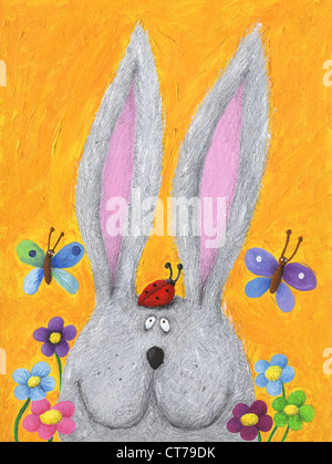 Acryl Illustration der niedlichen Kaninchen im Frühling mit Marienkäfer auf dem Kopf Stockfoto