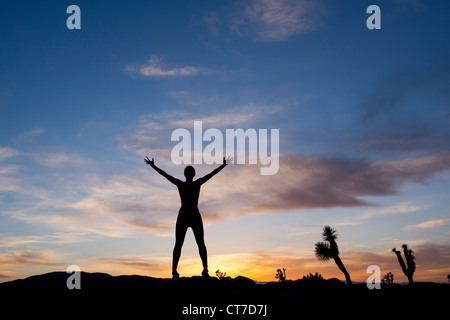 Junge Frau in Wüste mit Armen offen, silhouette Stockfoto