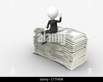 3D Geschäftsmann sitting on Top of Stack des Dollars mit Hand heben Stockfoto