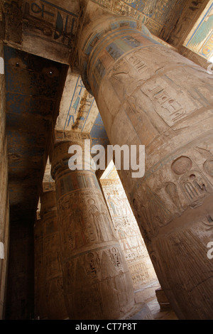 Dekorationen in der Säulenhalle Halle der Leichenhalle Tempel von Ramses III von Medinet Habu, Luxor, Ägypten Stockfoto