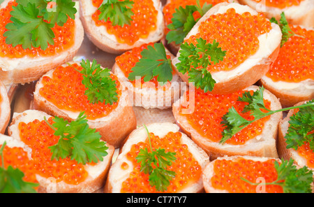 Russische Vorspeise Hintergrund. Roter Kaviar sandwiches Stockfoto