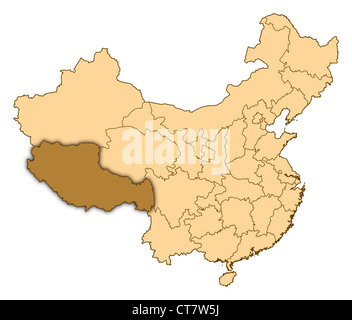 Karte von China wo Tibet markiert ist. Stockfoto