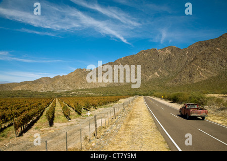 Ruta 40 am Rande der Stadt, vorbei an Weinbergen und Bergen Stockfoto