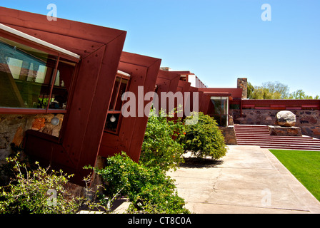 Hölzerne architektonische Designmerkmale Highlight Akzent Frank Lloyd Wright Taliesin West Winter home Scottsdale AZ Stockfoto