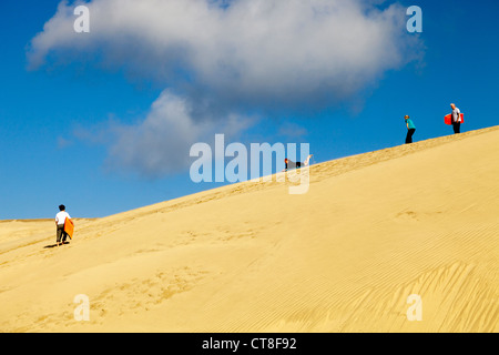 Surfen die Te Paki Sanddünen, Neuseeland Stockfoto