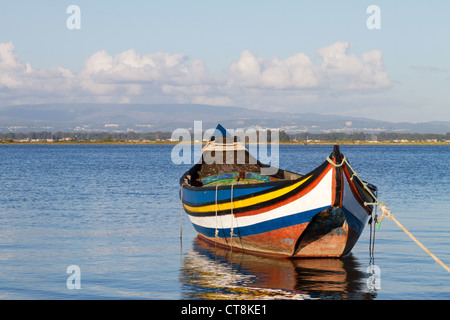 Altes Boot angedockt am Flußufer. Stockfoto