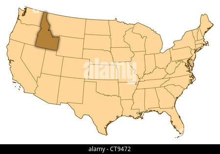 Karte der Vereinigten Staaten Idaho wo markiert ist. Stockfoto