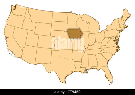 Karte der Vereinigten Staaten Iowa wo markiert ist. Stockfoto