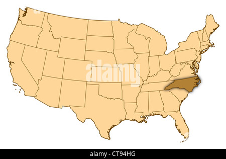 Karte von Vereinigte Staaten wo North Carolina markiert ist. Stockfoto