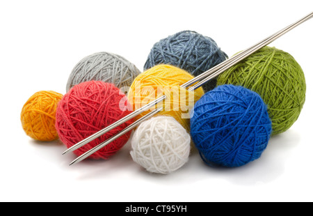 Color yarn balls and knitting needles isolated on white Stockfoto