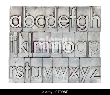 Kleinbuchstaben englische Alphabet in Vintage Metall Buchdruck-Typ, quadratische Komposition isoliert auf weiss Stockfoto