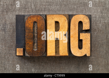 Dot Org - Internet-Domain für Non-Profit-Organisation in Vintage Holz Buchdruck Druckstöcken auf einem Grunge-Blech Stockfoto