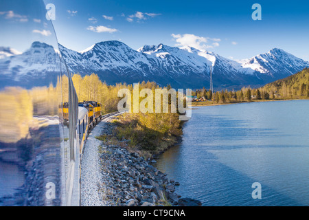 Alaska Railroad Coastal Classic Zugfahrt zwischen Seward und Anchorage, Alaska. Stockfoto