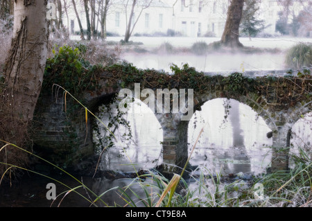 Frostiger Morgen in Morden Hall Park, Merton, SW London mit dem Fluss Wandle und Morden Halle im Hintergrund. Stockfoto