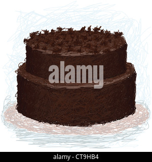 Closeup Illustration einen Schokoladenkuchen auf Teller mit Toppings. Stockfoto