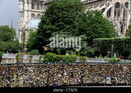 Liebe Vorhängeschloss an der Brücke Pont de l'Archeveche auf der Seine, Paris, Frankreich, Kathedrale Notre-Dame de Paris Stockfoto