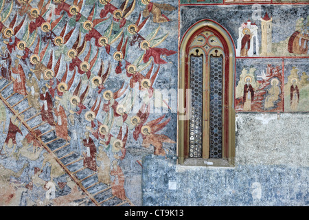 Fresko, bekannt als der Leiter der Tugenden an der nördlichen Fassade des gemalten Klosters Sucevita in Sucevita, Rumänien Stockfoto