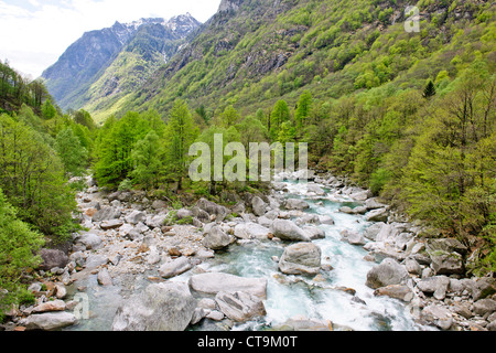 Radfahren, schmelzen Radfahrer, Mountainbike, Reiten, kristallklares Wasser, Lavertezzo, Brücken, Felsen, Verzascatal, Tessin, Schweiz Stockfoto