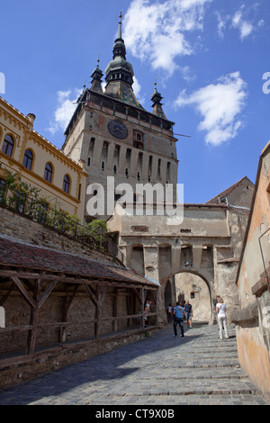 Uhrturm in der Zitadelle von Sighisoara, Karpaten Siebenbürgens, Târnava Mare River in Ost-Europa EU Mureş Grafschaft Rumänien Stockfoto