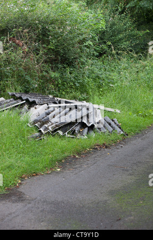 Alten Asbestzement Roofing Blätter fliegen kippte in einen Feldweg. Fliegen Sie kippen Kosten Kommunen Tausende jährlich aufräumen Stockfoto