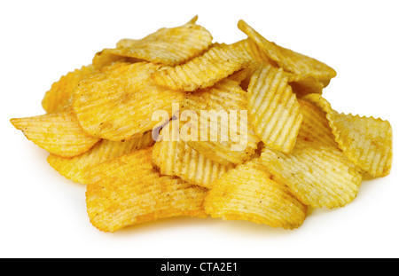 Kartoffel-Chips, die isoliert auf weißem Hintergrund Stockfoto