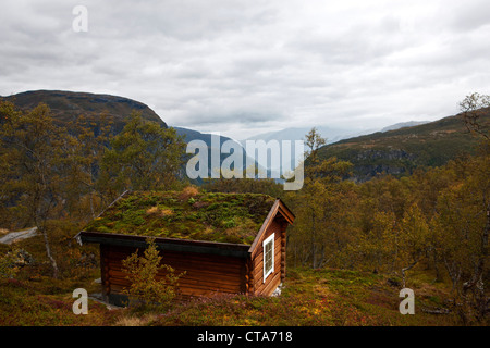 Holzhütte mit Moos bedeckt Dach in einer felsigen Landschaft, in der Nähe von Eidfjord, Hordaland, Norwegen, Skandinavien, Europa Stockfoto