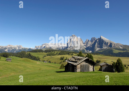 Eine Holzhütte in den Tal, Langkofel Range, Dolomiten, Südtirol, Trentino-Alto Adige, Italien Stockfoto